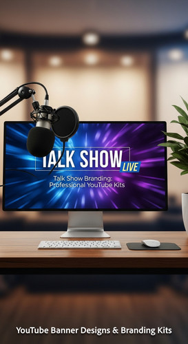 A modern studio desk with a microphone and a monitor displaying a talk show banner overlay text Talk.jpg
