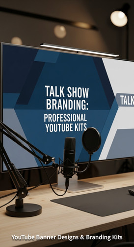 A modern studio desk with a microphone and a monitor displaying a talk show banner overlay text Talk.jpg