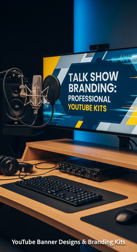 A modern studio desk with a microphone and a monitor displaying a talk show banner overlay text Talk.jpg