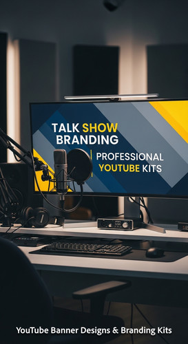 A modern studio desk with a microphone and a monitor displaying a talk show banner overlay text Talk.jpg
