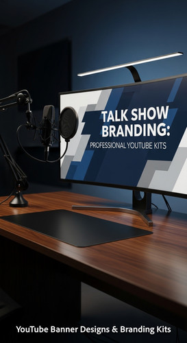 A modern studio desk with a microphone and a monitor displaying a talk show banner overlay text Talk.jpg