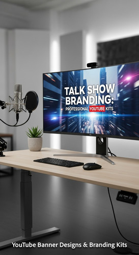 A modern studio desk with a microphone and a monitor displaying a talk show banner overlay text Talk.jpg