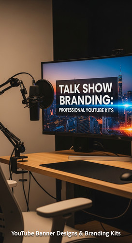 A modern studio desk with a microphone and a monitor displaying a talk show banner overlay text Talk.jpg