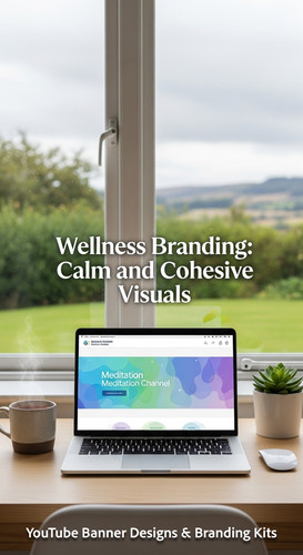 A serene workspace with a window view a laptop showing a meditation channel banner overlay text Well.jpg