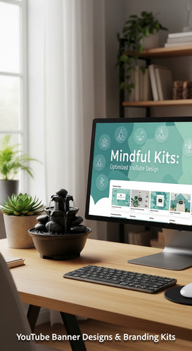 A serene workspace with a fountain and a monitor displaying a mindfulness channel kit overlay text M.jpg
