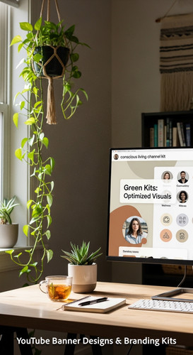 A serene workspace with plants and a monitor displaying a conscious living channel kit overlay text .jpg