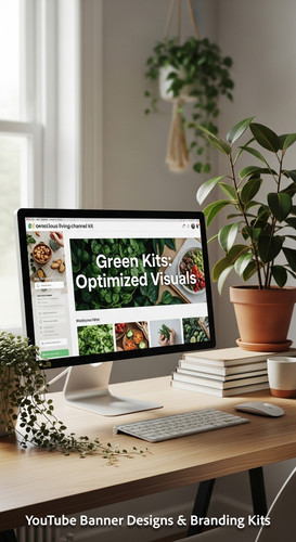 A serene workspace with plants and a monitor displaying a conscious living channel kit overlay text .jpg