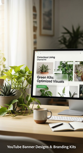 A serene workspace with plants and a monitor displaying a conscious living channel kit overlay text .jpg