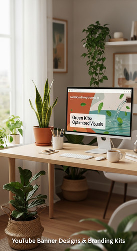 A serene workspace with plants and a monitor displaying a conscious living channel kit overlay text .jpg