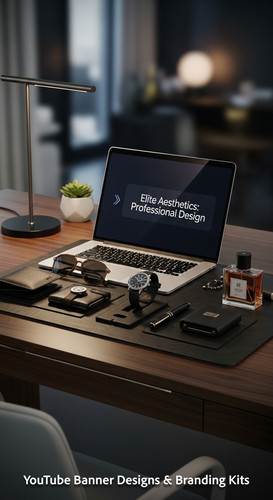 A highend desk with a laptop displaying a cohesive luxury lifestyle kit overlay text Elite Aesthetic.jpg