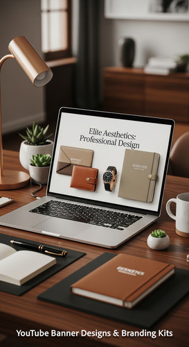 A highend desk with a laptop displaying a cohesive luxury lifestyle kit overlay text Elite Aesthetic.jpg