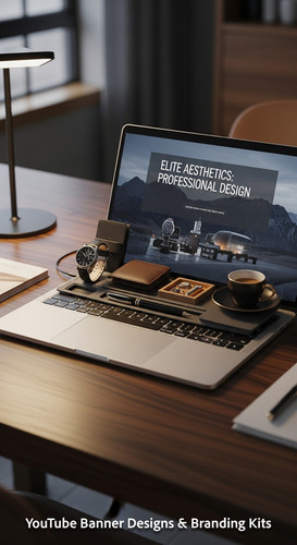 A highend desk with a laptop displaying a cohesive luxury lifestyle kit overlay text Elite Aesthetic.jpg