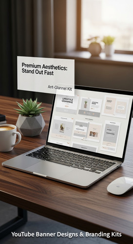 A highend desk with a laptop displaying a cohesive lifestyle channel kit overlay text Premium Aesthe.jpg