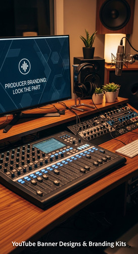 A modern studio desk with a mixing board and a monitor displaying a producer channel banner overlay .jpg