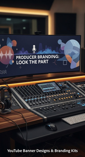 A modern studio desk with a mixing board and a monitor displaying a producer channel banner overlay .jpg