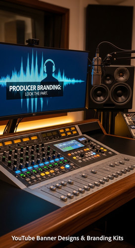 A modern studio desk with a mixing board and a monitor displaying a producer channel banner overlay .jpg
