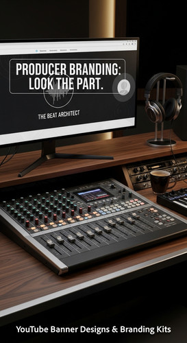 A modern studio desk with a mixing board and a monitor displaying a producer channel banner overlay .jpg