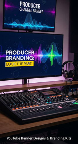 A modern studio desk with a mixing board and a monitor displaying a producer channel banner overlay .jpg