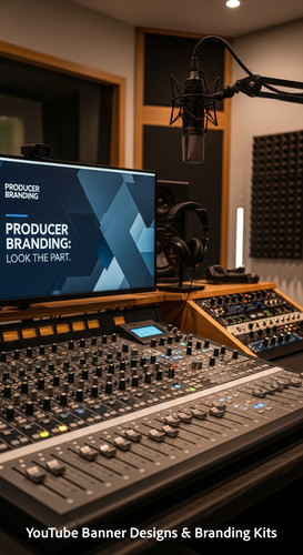 A modern studio desk with a mixing board and a monitor displaying a producer channel banner overlay .jpg