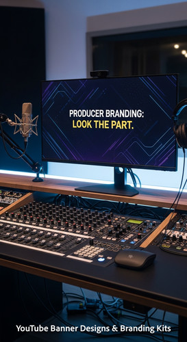 A modern studio desk with a mixing board and a monitor displaying a producer channel banner overlay .jpg