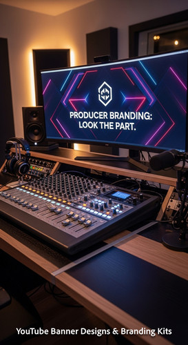A modern studio desk with a mixing board and a monitor displaying a producer channel banner overlay .jpg