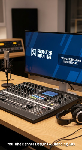 A modern studio desk with a mixing board and a monitor displaying a producer channel banner overlay .jpg
