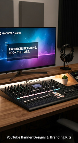 A modern studio desk with a mixing board and a monitor displaying a producer channel banner overlay .jpg