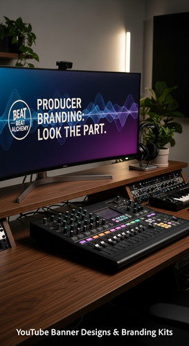 A modern studio desk with a mixing board and a monitor displaying a producer channel banner overlay .jpg
