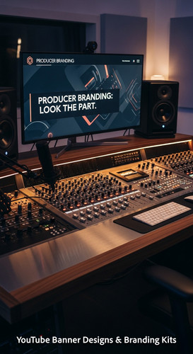 A modern studio desk with a mixing board and a monitor displaying a producer channel banner overlay .jpg