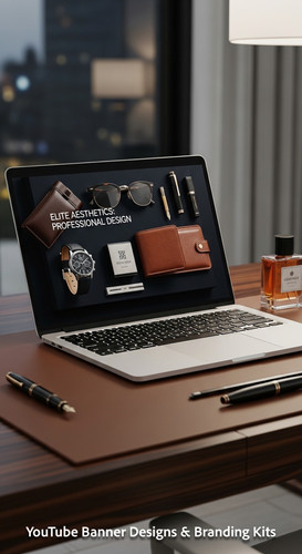 A highend desk with a laptop displaying a cohesive luxury lifestyle kit overlay text Elite Aesthetic.jpg