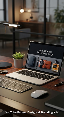 A highend desk with a laptop displaying a cohesive luxury lifestyle kit overlay text Elite Aesthetic.jpg