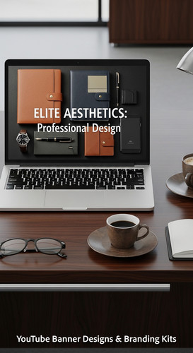 A highend desk with a laptop displaying a cohesive luxury lifestyle kit overlay text Elite Aesthetic.jpg