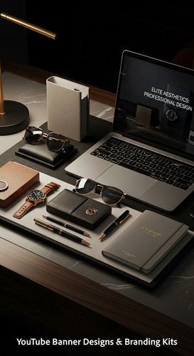 A highend desk with a laptop displaying a cohesive luxury lifestyle kit overlay text Elite Aesthetic.jpg