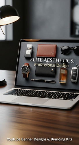 A highend desk with a laptop displaying a cohesive luxury lifestyle kit overlay text Elite Aesthetic.jpg