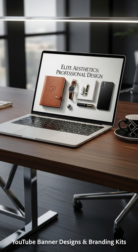 A highend desk with a laptop displaying a cohesive luxury lifestyle kit overlay text Elite Aesthetic.jpg