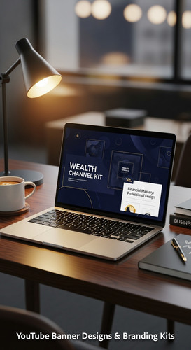 A highend desk with a laptop displaying a cohesive wealth channel kit overlay text Financial Mastery.jpg