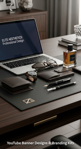 A highend desk with a laptop displaying a cohesive luxury lifestyle kit overlay text Elite Aesthetic.jpg
