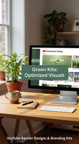 A serene workspace with plants and a monitor displaying a conscious living channel kit overlay text .jpg