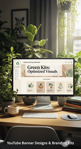 A serene workspace with plants and a monitor displaying a conscious living channel kit overlay text .jpg
