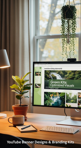 A serene workspace with plants and a monitor displaying a conscious living channel kit overlay text .jpg