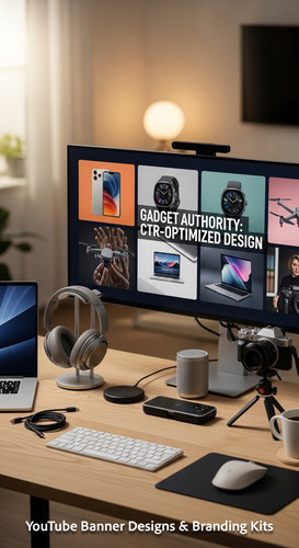 A tech reviewers desk with gadgets and a monitor showing a gadget review thumbnail grid overlay text.jpg