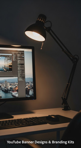 A tech reviewers desk with gadgets and a monitor showing a gadget review thumbnail grid overlay text.jpg