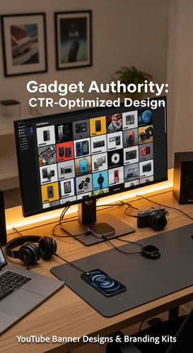 A tech reviewers desk with gadgets and a monitor showing a gadget review thumbnail grid overlay text.jpg