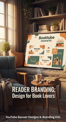 A cozy reading nook with a screen displaying a cohesive Booktube channel kit overlay text Reader Bra.jpg