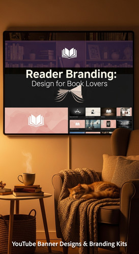 A cozy reading nook with a screen displaying a cohesive Booktube channel kit overlay text Reader Bra.jpg