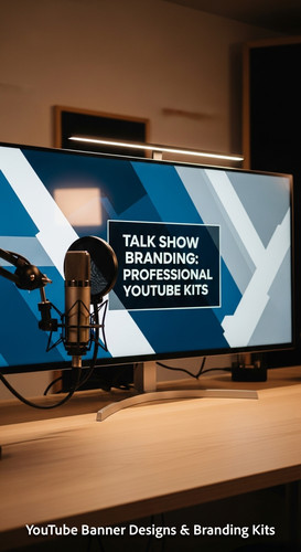 A modern studio desk with a microphone and a monitor displaying a talk show banner overlay text Talk.jpg