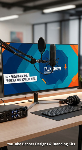 A modern studio desk with a microphone and a monitor displaying a talk show banner overlay text Talk.jpg