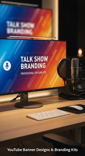 A modern studio desk with a microphone and a monitor displaying a talk show banner overlay text Talk.jpg