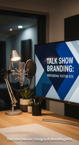 A modern studio desk with a microphone and a monitor displaying a talk show banner overlay text Talk.jpg