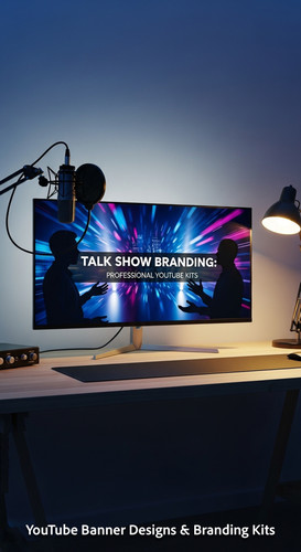 A modern studio desk with a microphone and a monitor displaying a talk show banner overlay text Talk.jpg